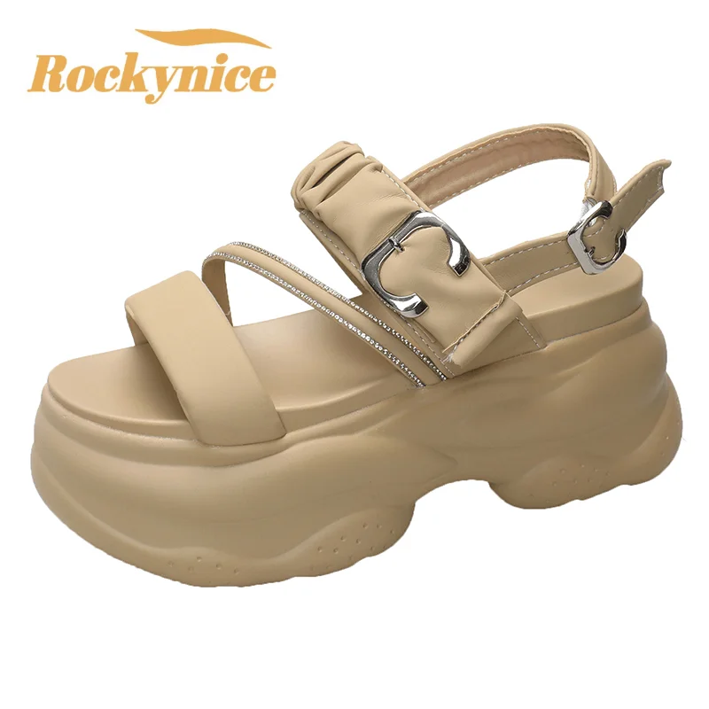 

Buckle Strap Chunky Sandals Women Summer High Platform Wedges Slippers Woman New Metal Decoration Thick Bottom Slides 8CM Pumps