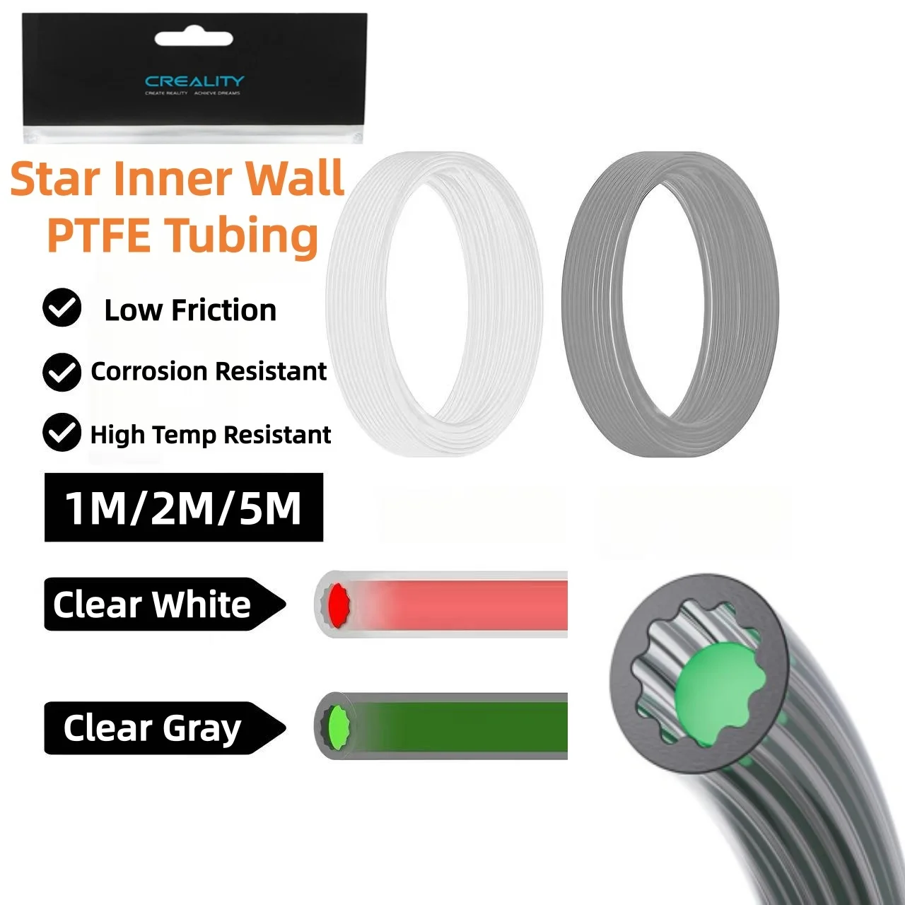 Creality Upgraded Low-Resistance PTFE Tube Up to 260°C(1/2/5M) – Star-Shaped Channel for Ultra-Smooth Flow, 30% Less Resistance