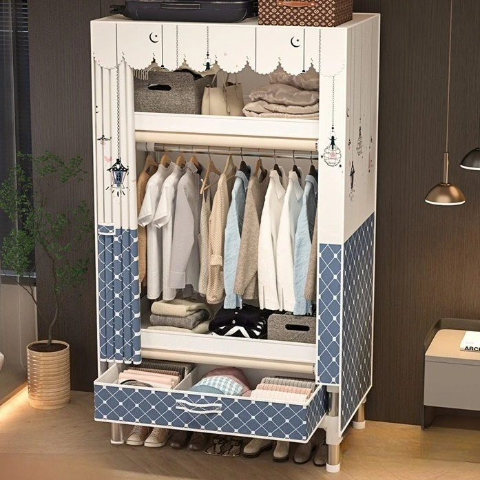 

Household Bedroom Simple Wardrobe Small Apartment Rental Steel Tube Strong and Durable Cloth Art with Drawers Cloth Wardrobe Dus