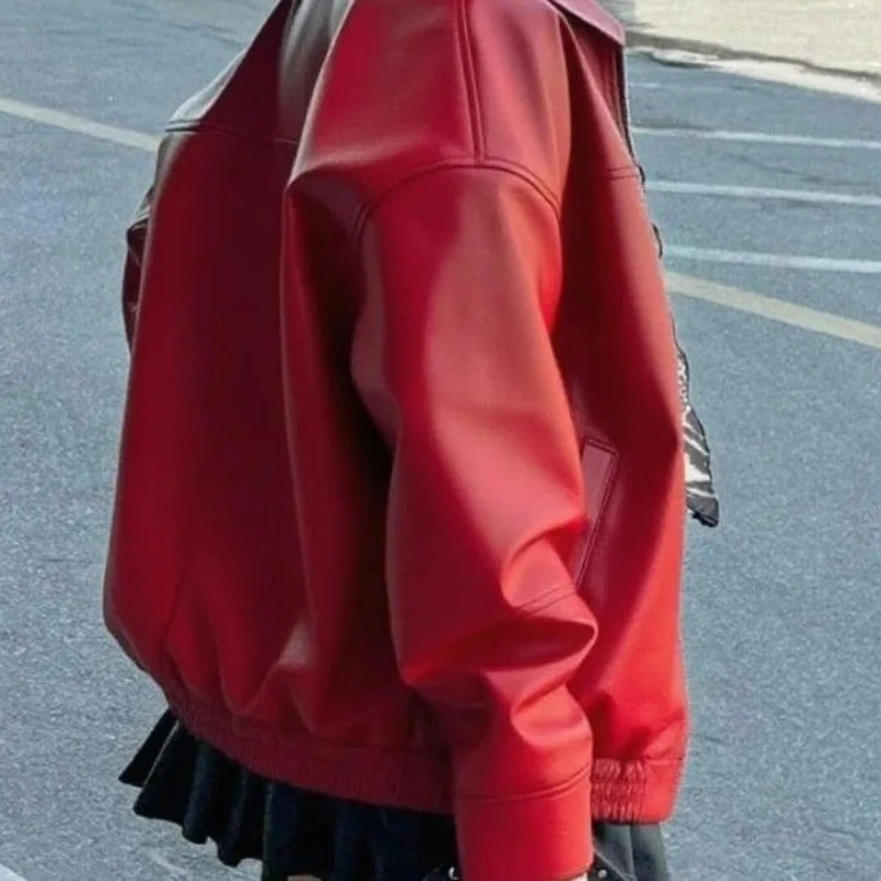 

Women's Vintage Autumn and Winter Zipper New Leather Jacket, Loose Fit, Black Biker High-Waist Coat