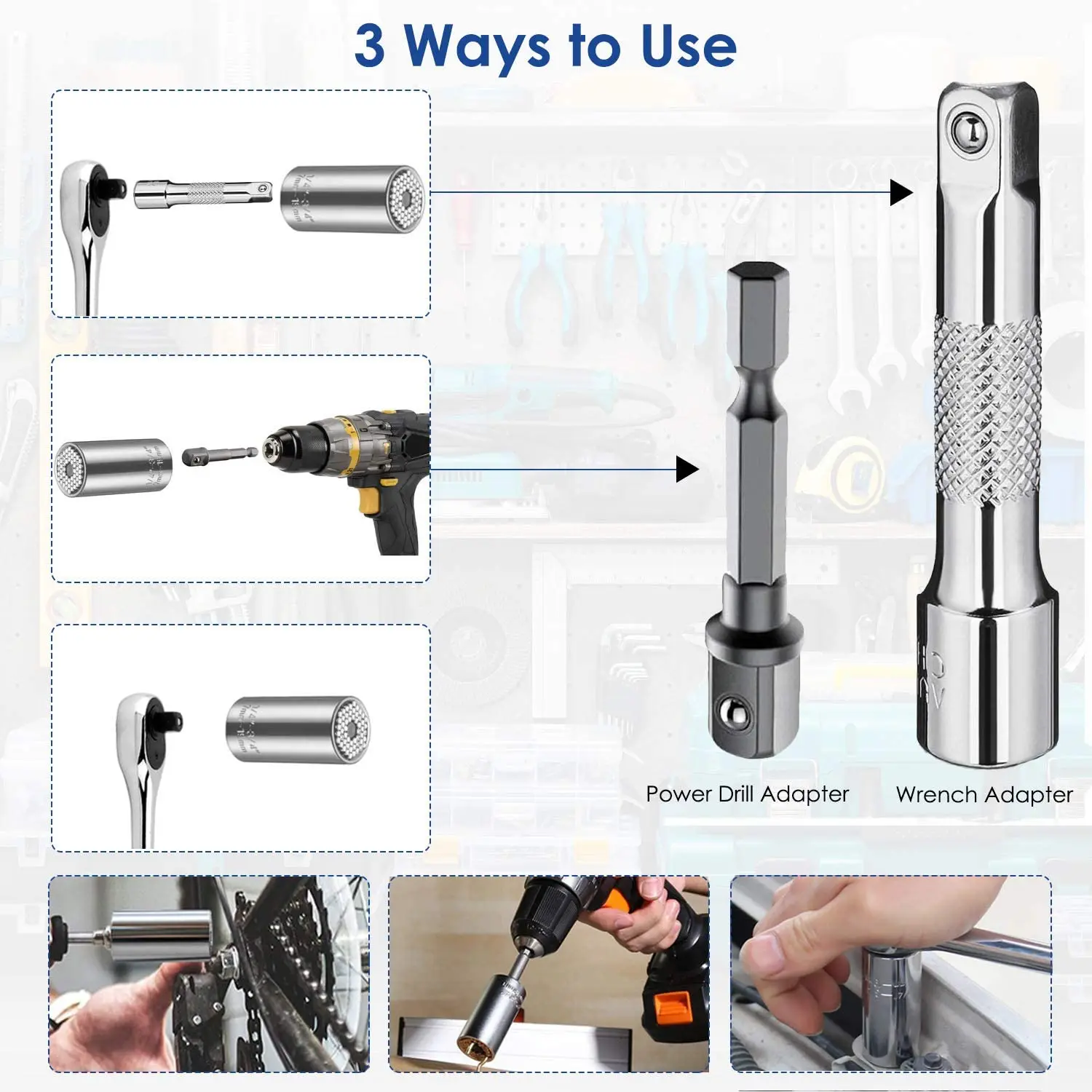 Binoax Universal Socket Tools 3Pcs Multi-function Wrench Repair Kit with Power Drill & Ratchet Wrench Adapter