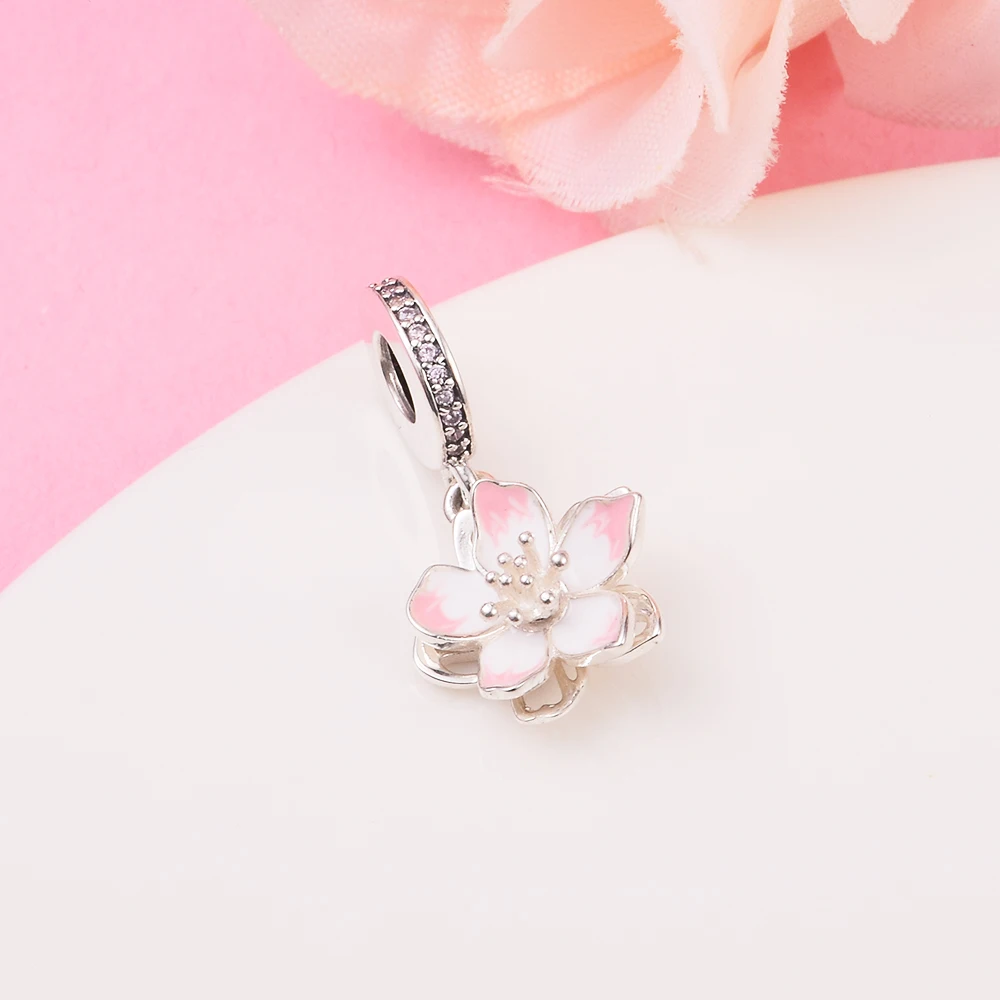 Mother's Day Cherry Blossom Dangle Charm 925 Sterling Silver Accessories Mother Kids Free Shipping Beads For Jewelry Making