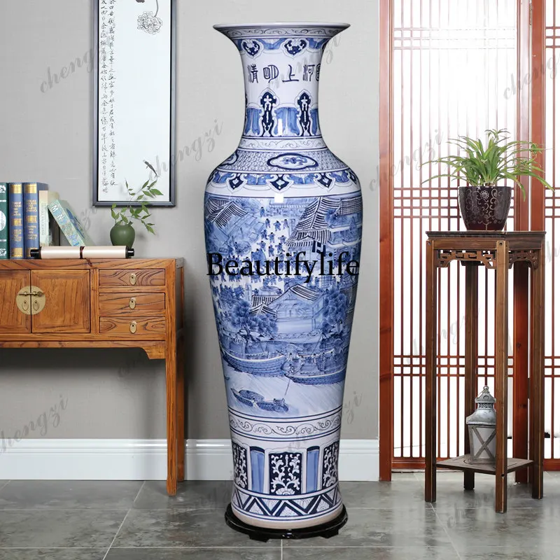 Jingdezhen hand-painted ceramics large vase Qingming Shanghe map floor-to-ceiling living room large ornament