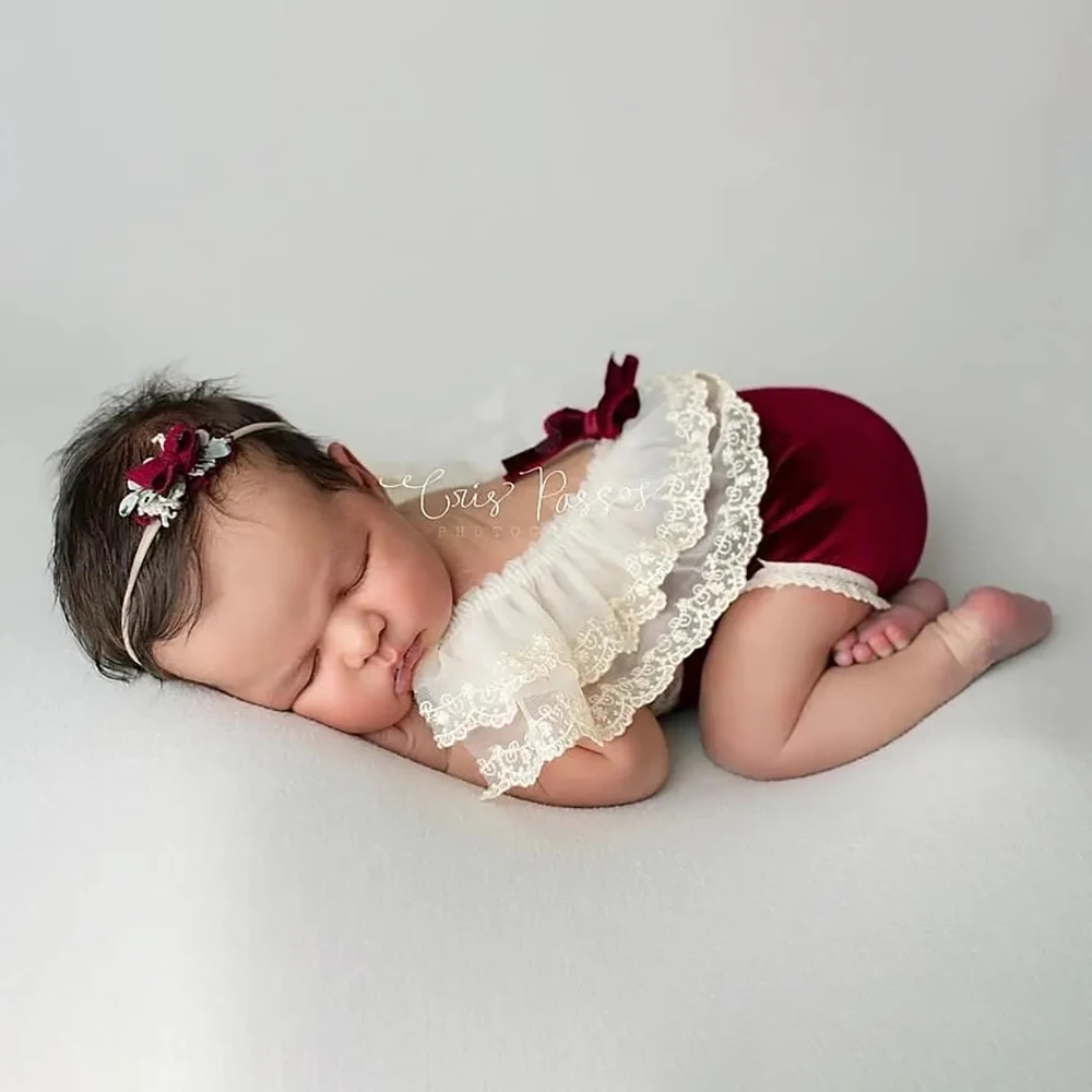

Newborn Baby Romper Set Velvet Christmas Outfit Infant Photography Studio Props Holiday Photoshoot Clothes Gift