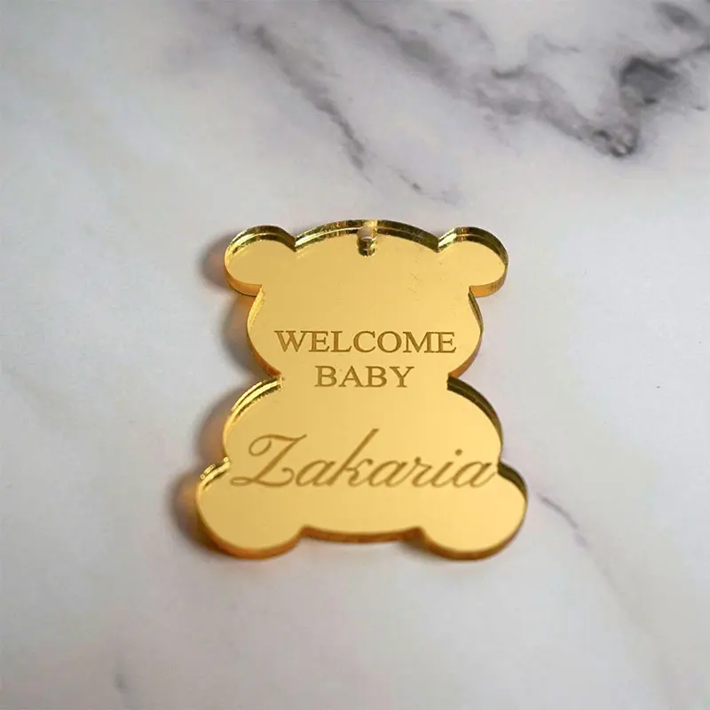 Personalized Acrylic Mirror Bear Favor Tags Custom Acrylic Baby Shower Favors Engraved Name Tags Baptism Birthday Gift Decor - view 3