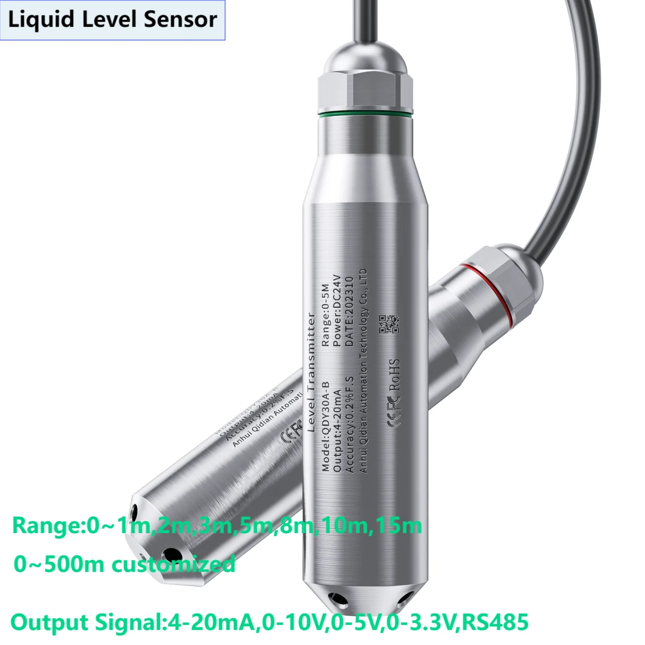 DC24V Liquid Level Transmitter 4-20mA 0-10V RS485 Output Water Level Transducer Probe 3M 5MCable Liquid Level Sensor 0-3.3V