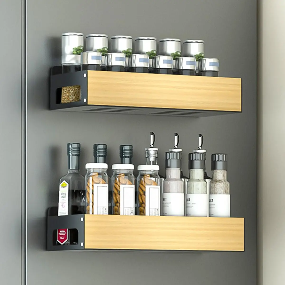 Magnetic Modern Wall-Mounted Spice Rack Shelf Black Metal with Wood Accent Kitchen Storage Organizer