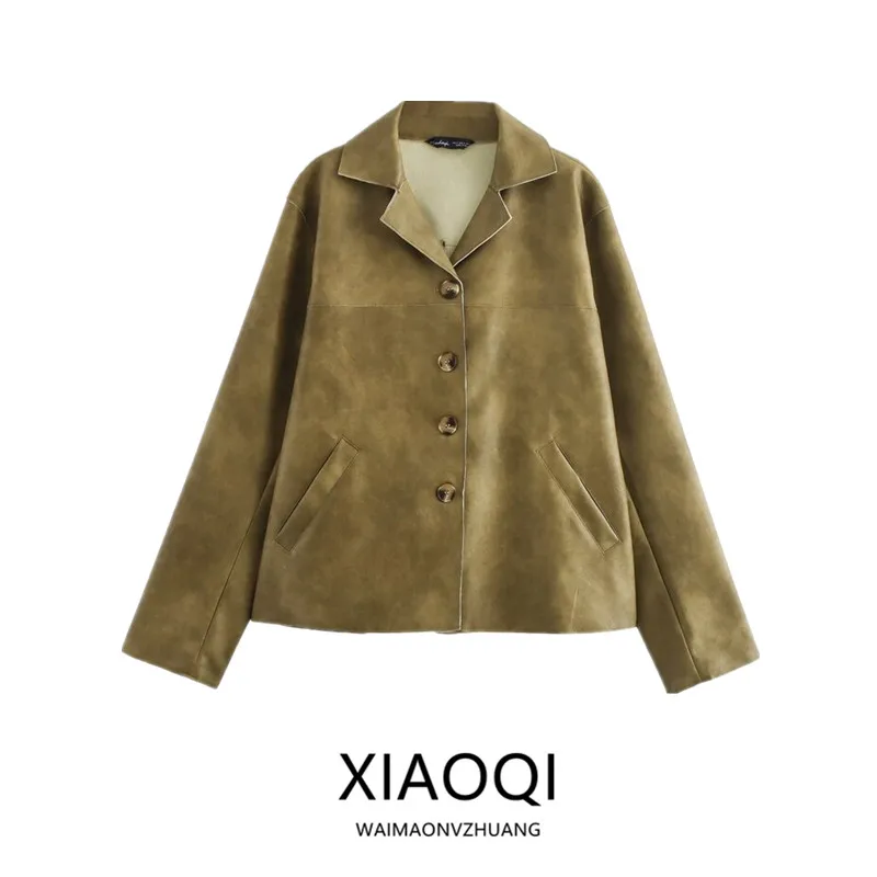 Automne 2024 femmes polyvalent Long Sve col en cuir Jaet vêtements d'extérieur nouveauté décontracté coupe ample longueur régulière