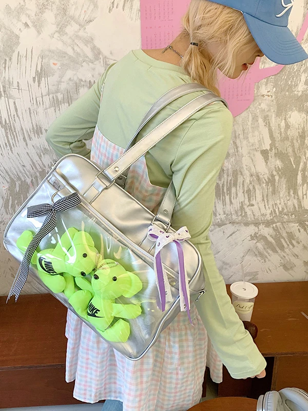 

Милая японская прозрачная сумка через плечо с лентой большой емкости, женская сумка на одно плечо, мягкая нейлоновая повседневная сумка