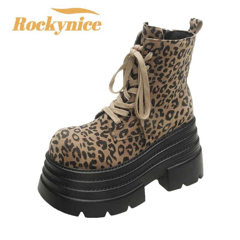 

High Platform Women Ankle Boots Leopard 10CM Heels Motorcycle Boots Chunky Lace Up Sneakers Trend Winter Goth Short Botas Mujer