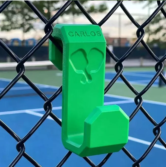 3D printed tennis and pickleball pattern fence hooks, suitable for hanging outdoor clothes, backpacks, and towels.
