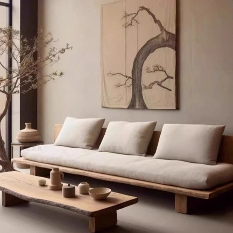 أريكة قائمة على الأرض سجل Wabi-sabi نمط أريكة خشبية صلبة قابلة للإزالة وقابل للغسل منطقة الراحة أثاث غرفة المعيشة أريكة الصنوبر