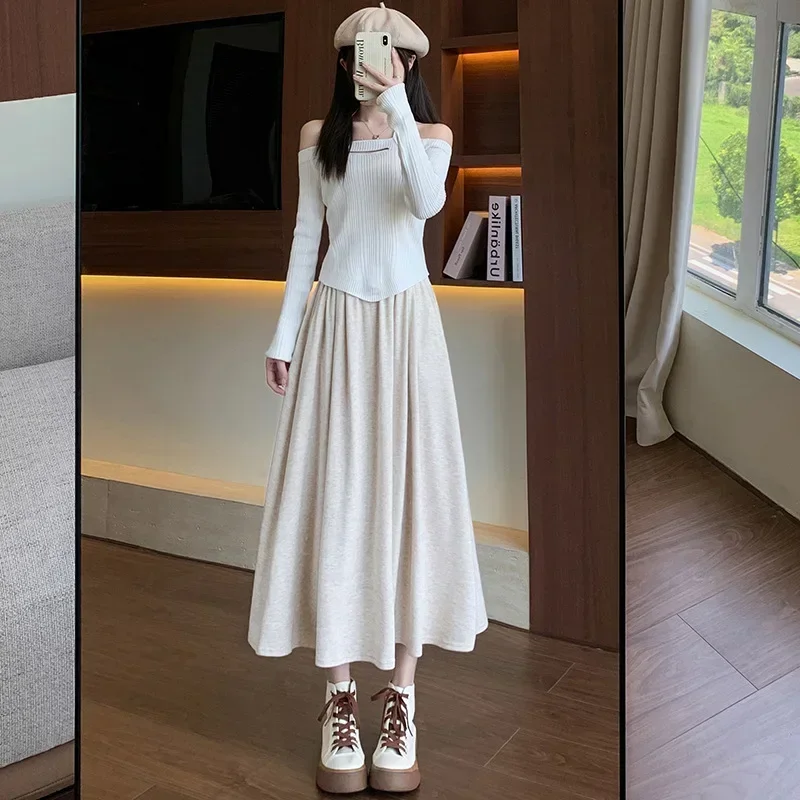 

Grey High-waisted Slimming Umbrella Skirt Medium-length Knit Dress for Women Spring Autumn 2025 New Arrival A- Line Skirt