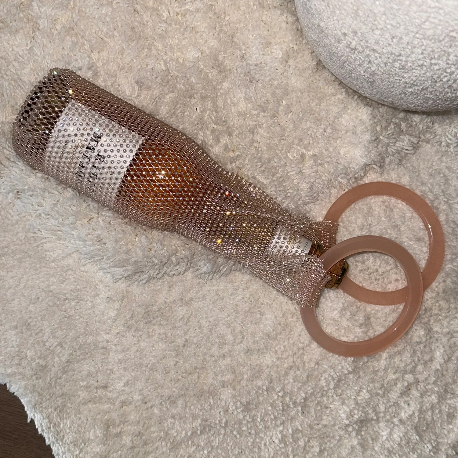 Sparkling Rhinestone Wine Bottle Bag, Elastic Mesh Wine Champagne Tote with Round Resin Handle for Wedding Party Holiday Dinner