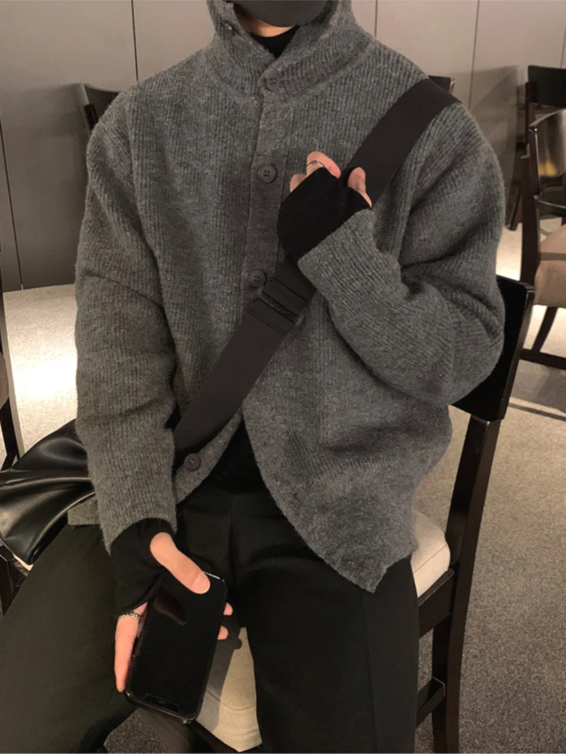 

Мужской шерстяной вязаный кардиган с высоким воротником на пуговицах, утепленный зимний свитер-куртка для отдыха