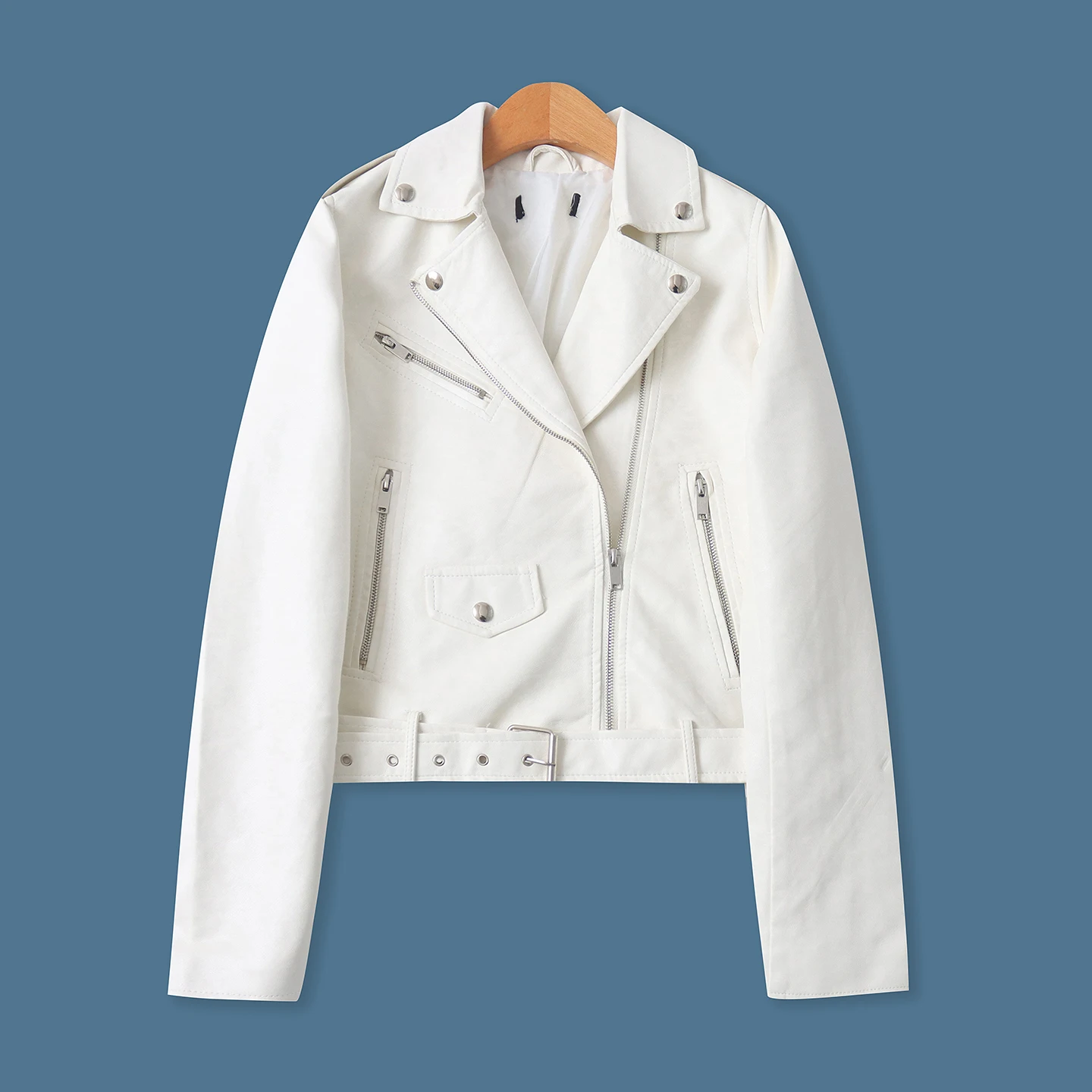 

Slim Fit PU Leather Motorcycle Jacket Zipper Long Sleeve Stand Collar Spring Autumn New Style Women's Fashionable Top 33423