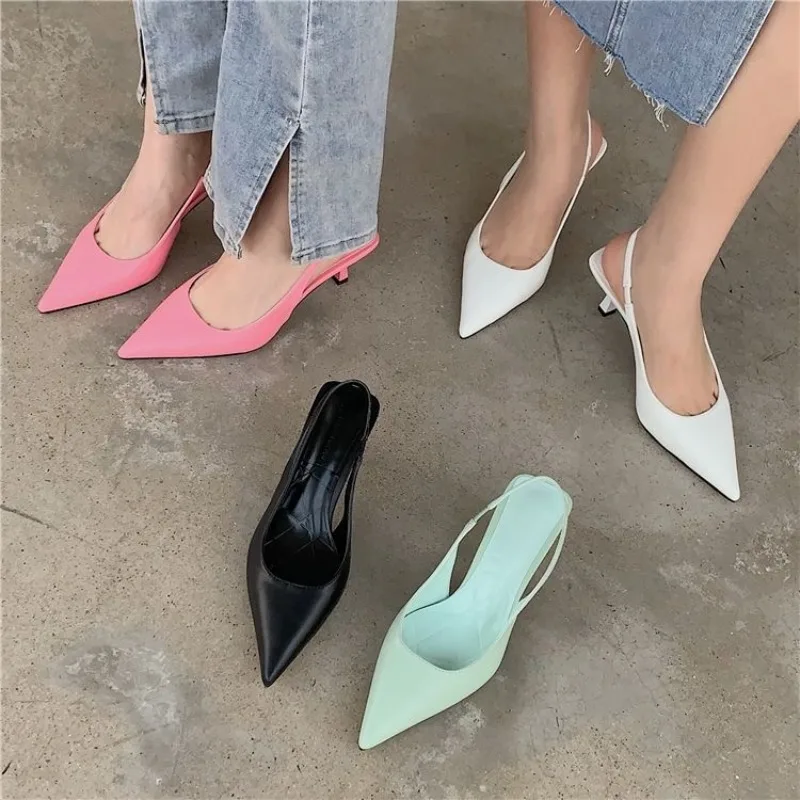 Design Pointed Toe Women Sandals 2024 New Arrivals Black White Summer Dress Shoes Thin High Heels Elastic Band Ladies Party Mule