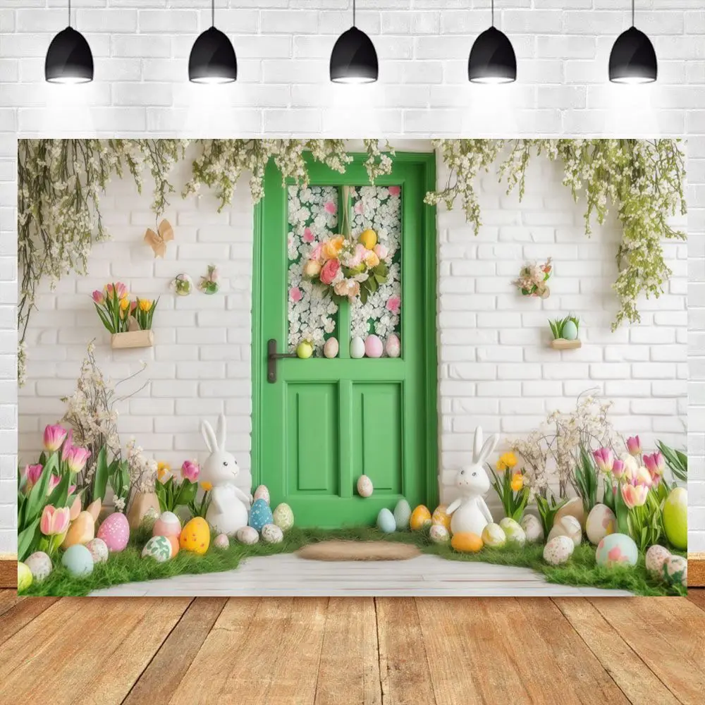 Spring Easter Photography Backdrop Rabbit Eggs Brick Wall Flowers Bunny Flag Kids Portrait Background Photo Studio Props