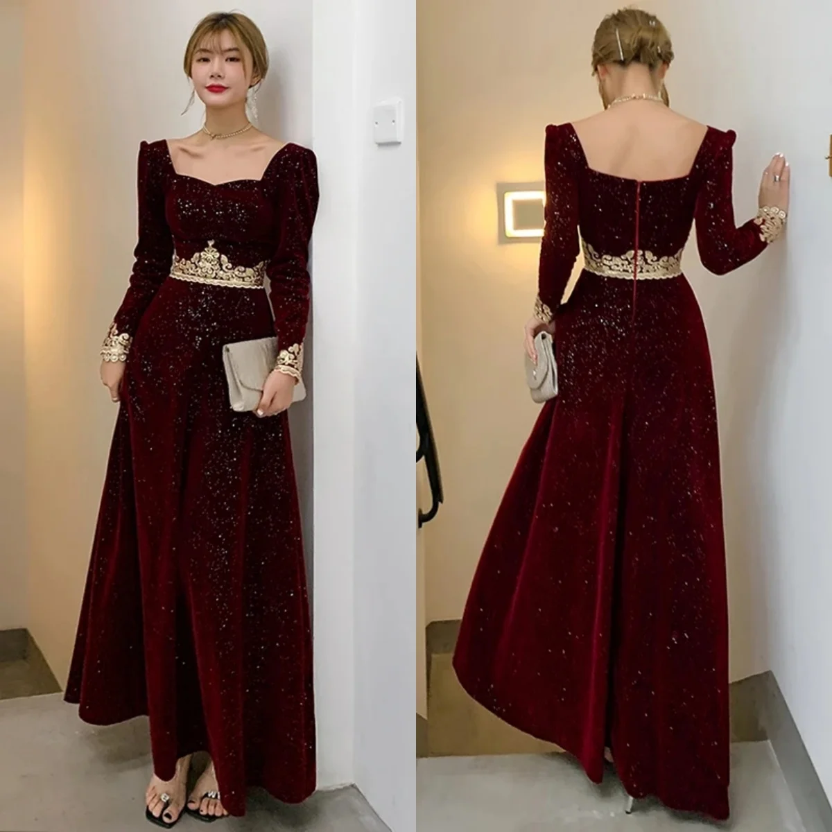 

Evening Dresses Burgundy Velvet Square Collar Full Sleeves A-Line Floor-Length Zipper Back Plus size Woman Formal Party Gowns