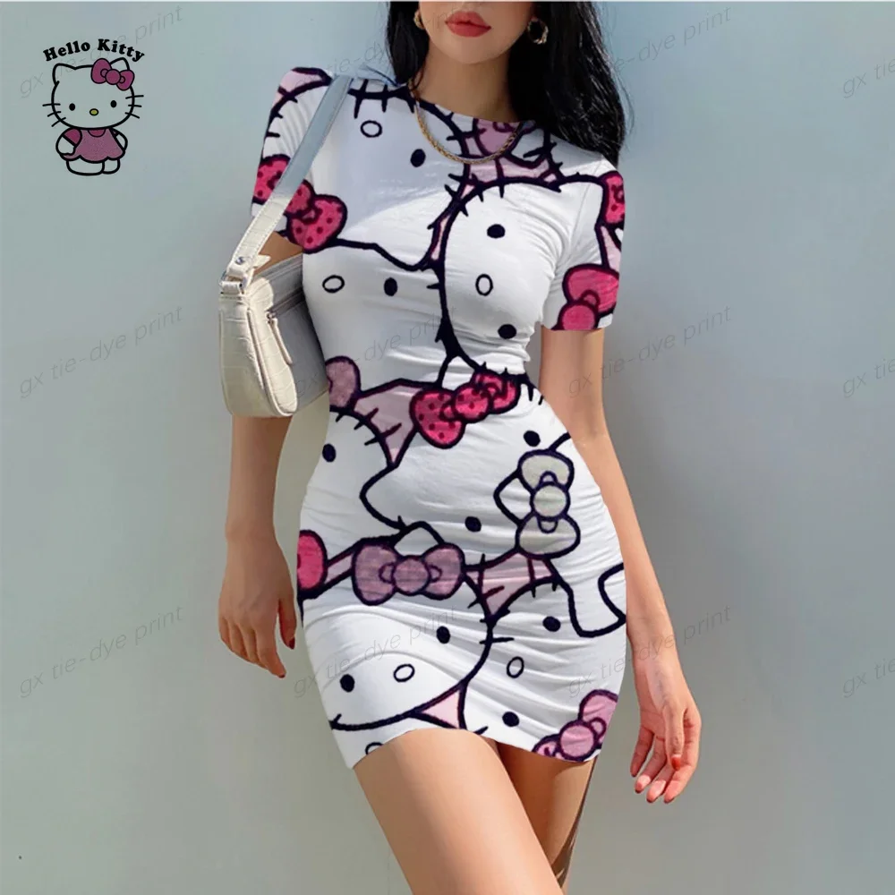 2024 Hello Kitty Cartoon 3d Print Sexy vestito attillato borsa moda estiva Hip Beach Party High Street o-collo abiti Hot Sal