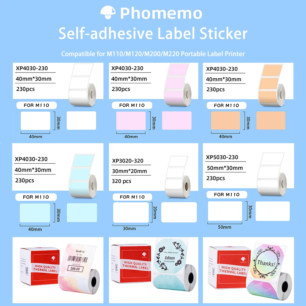 Phomemo Self-Adhesive Label Paper Square Round White Transparent Color Labels for Phomemo M110 M200 M120 Label Printer Sticker