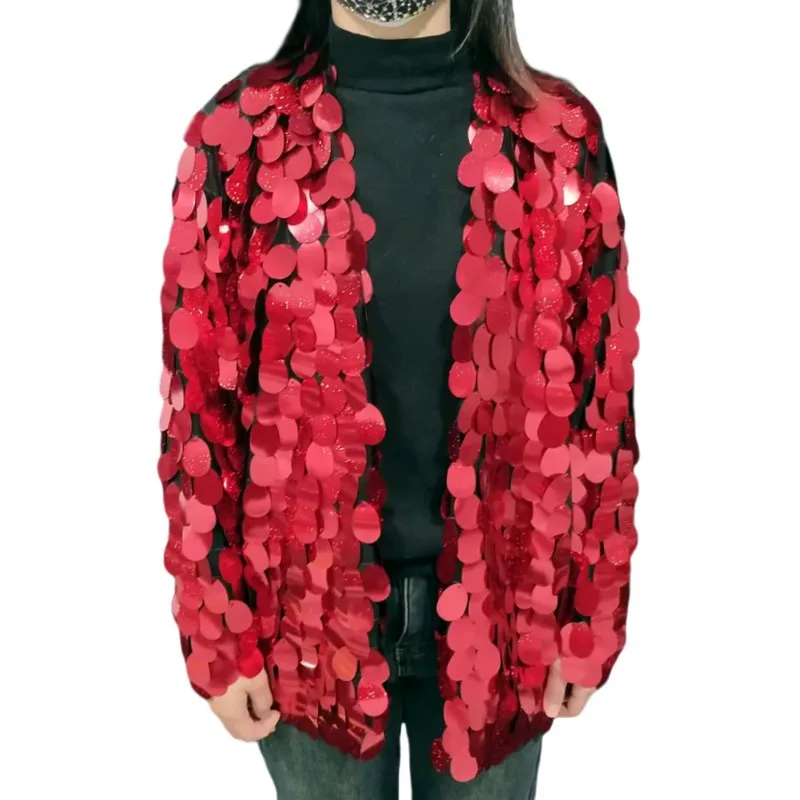 

Рождественская вечеринка, красный, зеленый, кардиган с блестками, пальто для мужчин и женщин, костюм для ночного клуба, диджея, рейва, карнавальный фестиваль, сценическая одежда, блестящий костюм