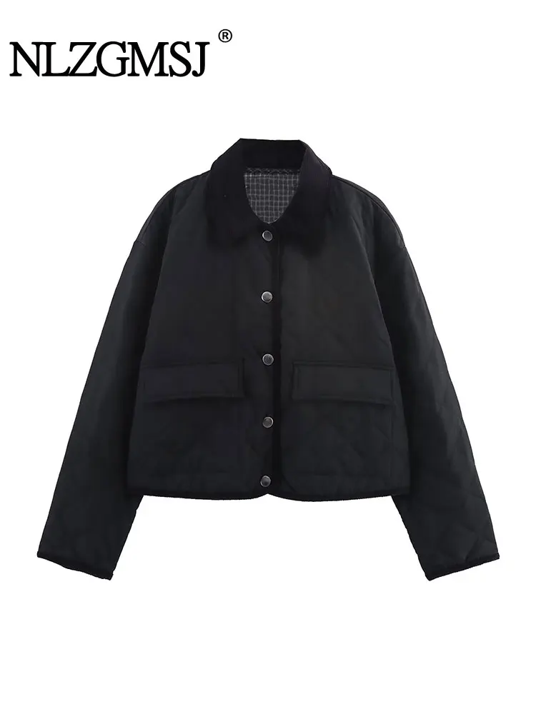 

NLZGMSJ Women's Autumn Winter Fashion Black Padded Jacket Women High Quality Corduroy-Laple Flap-Pockets Quilted Coat