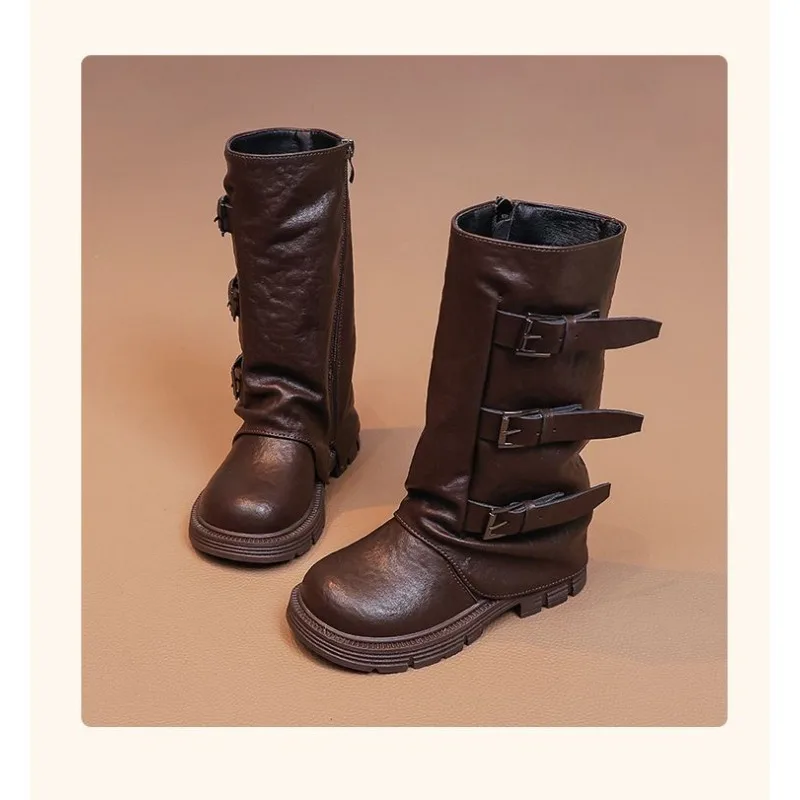 الفتيات الرجعية حزام مشبك أحذية عالية الموضة 2025 جديد الخريف والشتاء النمط البريطاني أحذية الأطفال الفتيات الاتجاه الأحذية الجلدية #6