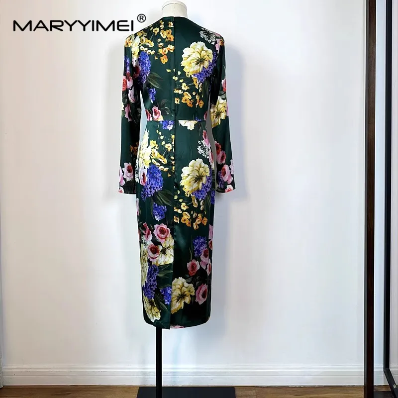 MARYYIMEI 2024 New Silk Spring Fashion Women's dress Slim Elegant Holiday Floral Print Dark green Package hip Pencil Dresses