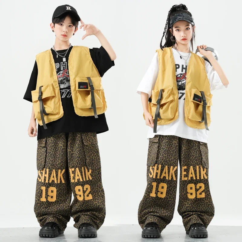 Bambini Streetwear Ragazzi Hip Hop Gilet giallo Camicia Pantaloni cargo Ragazze Street Dance Jogging Set di vestiti Bambini Jazz Costumi viola