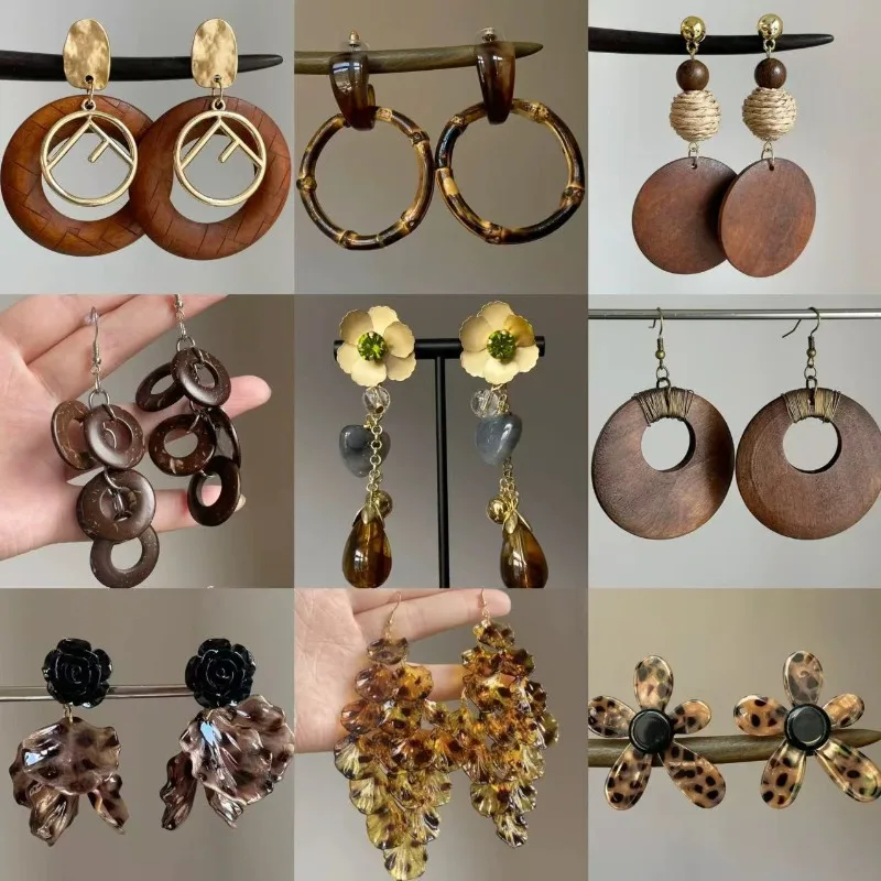 خمر زهرة بنية هندسية انخفاض الأقراط المستديرة للنساء الاكريليك الأقراط الخشبية استرخى مجوهرات الأذن العرقية Pendientes Mujer #1