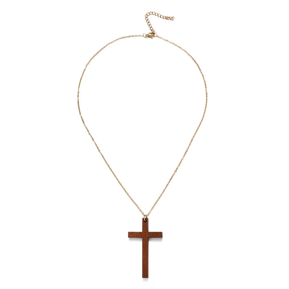 MisenBaBa Vintage Stainless Steel Wooden Cross Pendant Necklace for Women Fashion Wood Necklaces Religious Catholic Jewelry