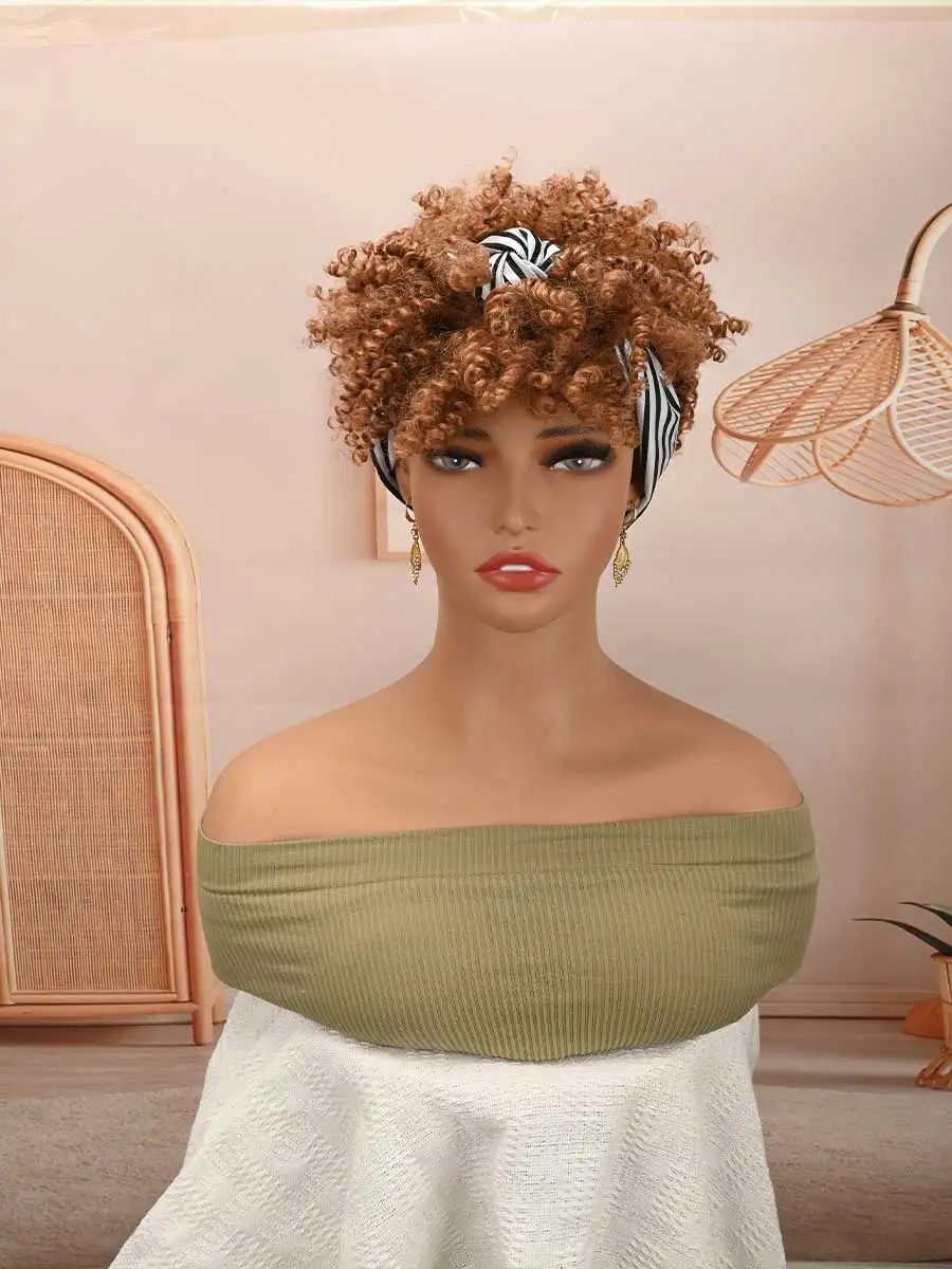 Women Black White Striped Headband Wig Brown Short Curly Afro Synthetic Wig Heat Resistant Headband Wigs for Women Daily Wear