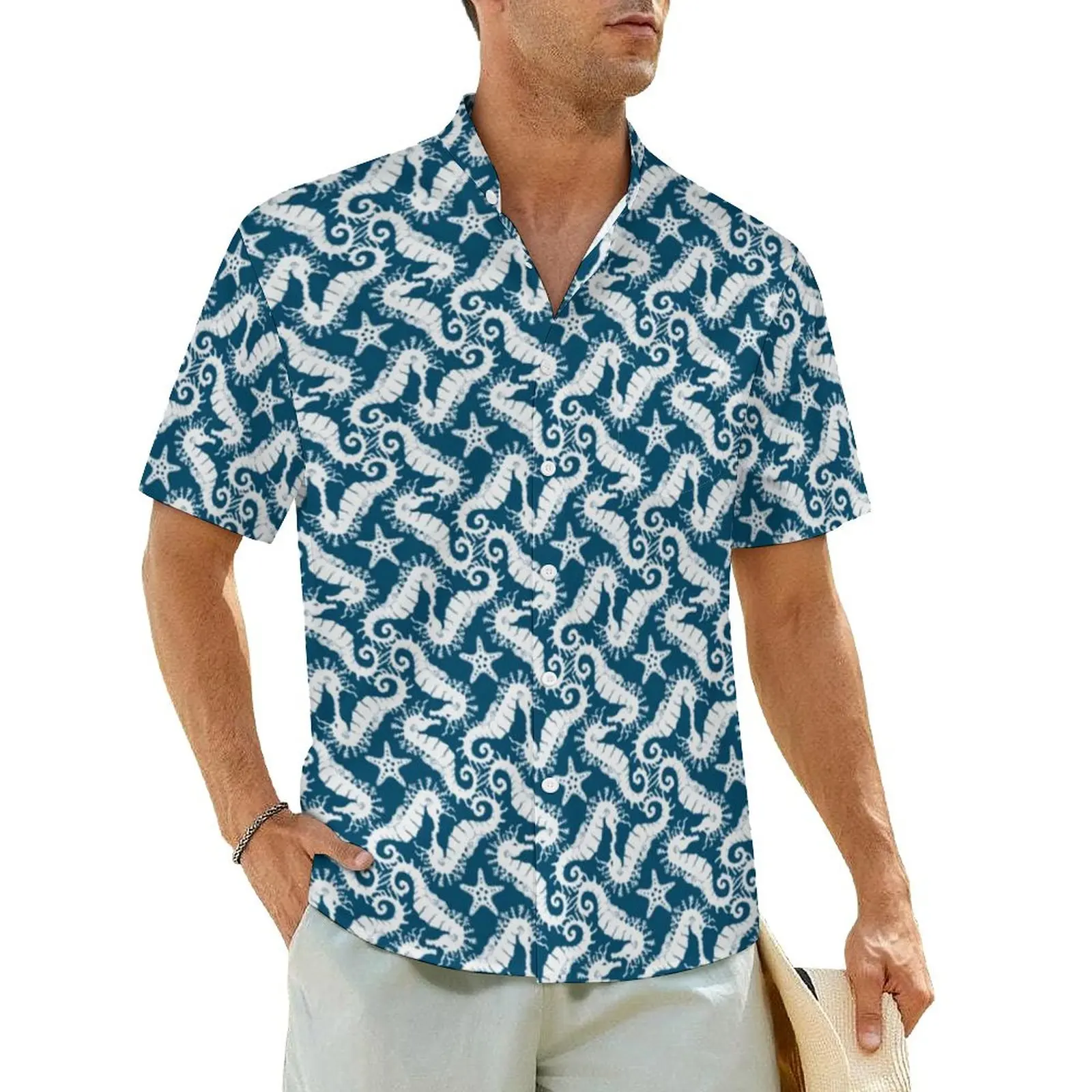 

Animal Silhouette Casual Shirt Blue Sealife Print Elegant Hawaii Shirts Men Short-Sleeve Beach Stylish Graphic Oversized Blouses