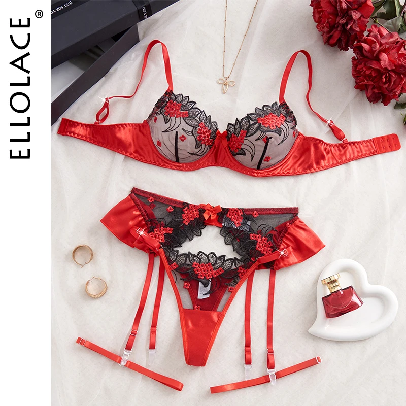 

Ellolace Valentine Lingeries Sexy Hot Beautiful Floral Embroidery Bra 3PC Set with Leg Circles Romantic Boudoir Intimate Kit