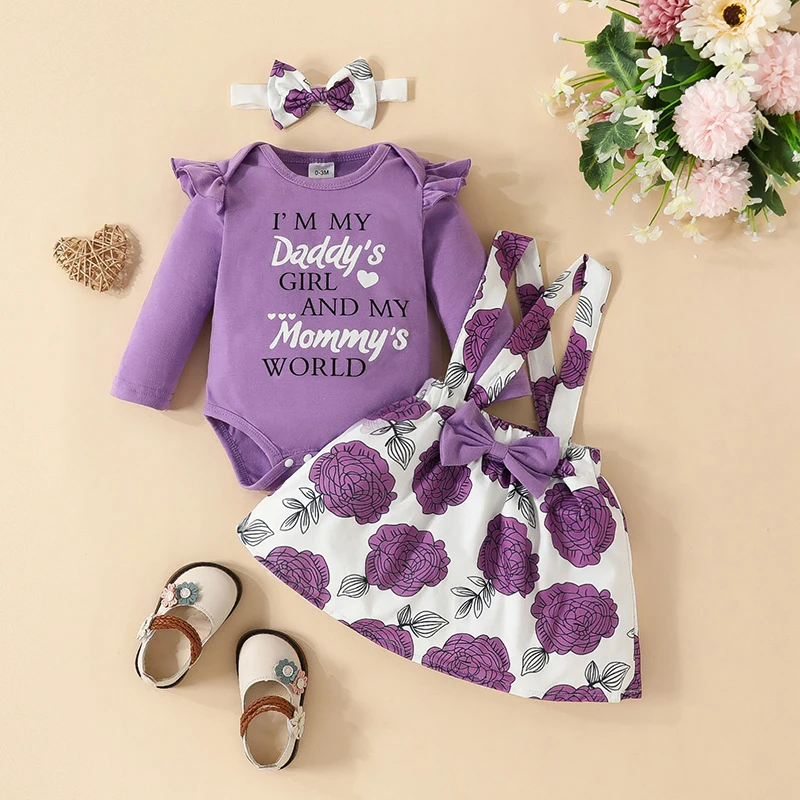 Newborn Baby Girl Skirt Set 0-18 Months Long Sleeve Alphabet Bodysuit Printed Halter Dresses Hairband 3Pcs Set Baby Girl Clothes