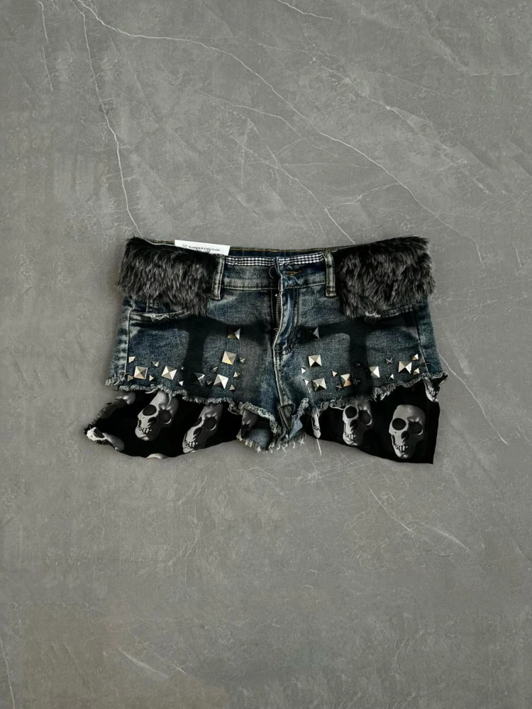 American Vintage Dark Rivet Denim Shorts Splicing Skull Remake Punk Slim Fit Bodycon Y2k Retro Women Streetwear Spring Summer