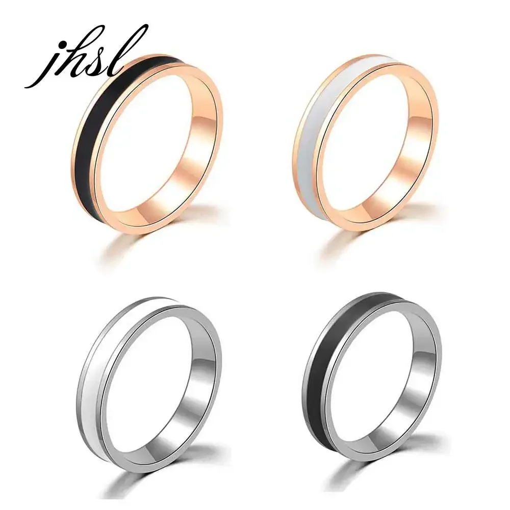 JHSL 4mm Small Mini Stainless Steel Simple Women Rings Black White Rose Gold Color Fashion Jewelry US size 4 5 6 7 8 9 10