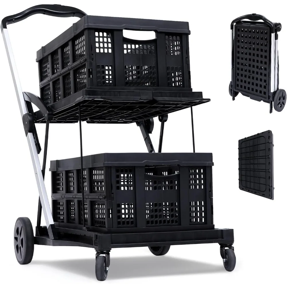 

Portable Shopping Cart with Wheels Foladble 2 Tier Rolling Cart, Multi Use Functional Collapsible Carts with 2 Storage Crates