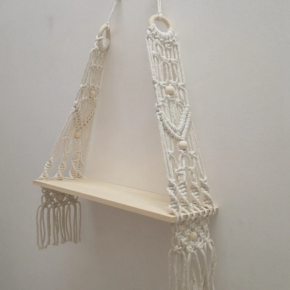 Macrame Appeso a parete Porta arazzi intrecciato a mano Scaffale in legno Cornice divisoria Porta piante Decorativo bohémien