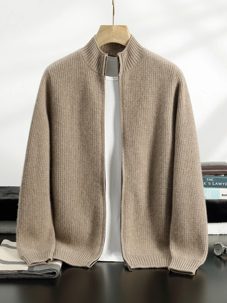 Autumn Winter High Quality Men's Zipper Thick Cardigan Mock Neck  100% Cashmere Sweater Twist Flower  Knitwear Casual Soft Tops