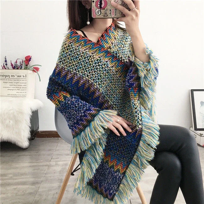 Pullover Women Knitting Poncho Capes Autumn New  Female Fashion Bohemian Poncho Cloak Tassel Winter Clothing National Red