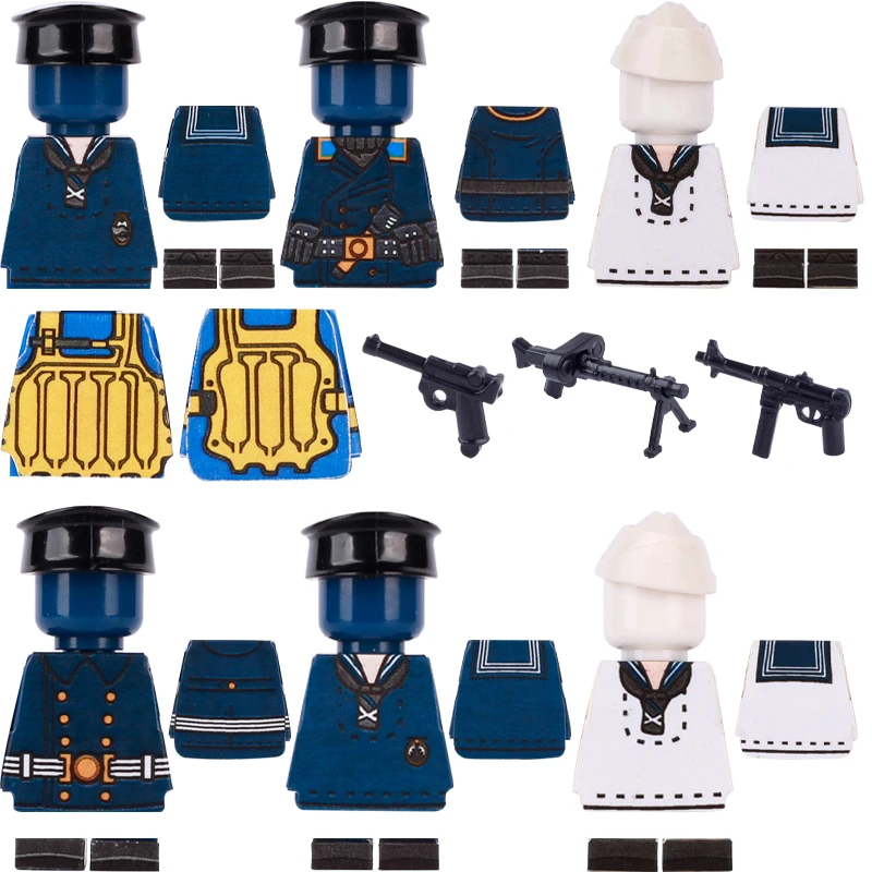 WW2 German Soldier Figures Printed Parts Building Block Navy Lifejackets Clothing Sticker Bricks Army Weapon MP40 Mini DIY Toy