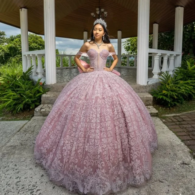 

Simple Pink Quinceanera Dresses Off the Shoulder Glitter Decal Long tail Big Bow Vestido 15 Quinceanera Customized