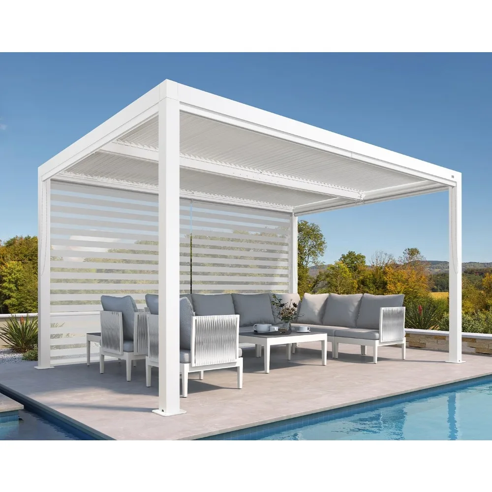 

Louvered Pergola 10' X 14' Outdoor Aluminum Pergola with Roller Blind Adjustable Gazebo Rainproof for Patio Deck ,1 Long Side