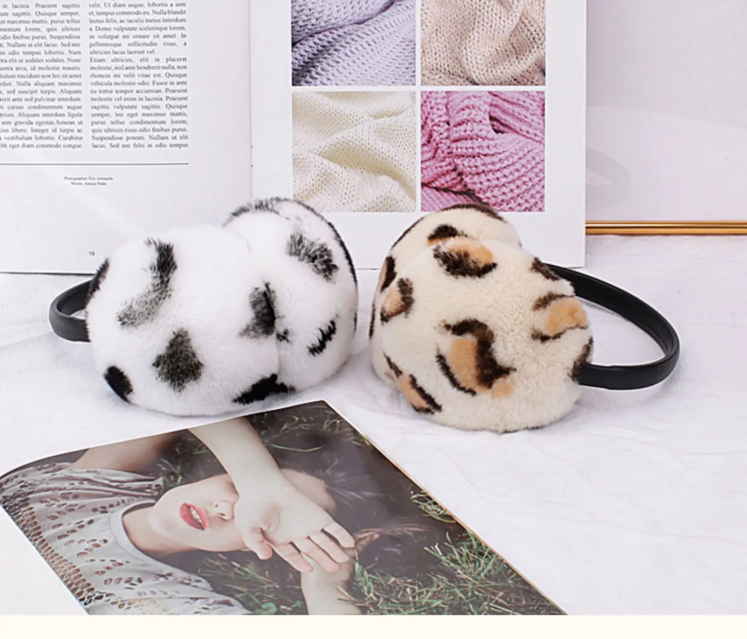 Leopard Print Real Rex Rabbit Fur Earmuffs With Velvet Band Fur Ball and Winter Women\'s Fashion Earmuffs Fuzzy Headband