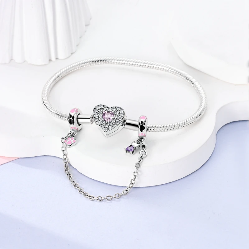 925 Sterling Silver Pink Black Cat Paw Print Charms Safety Chain Fit Original Bracelet DIY Women Fashion Birthday Jewelry Gifts