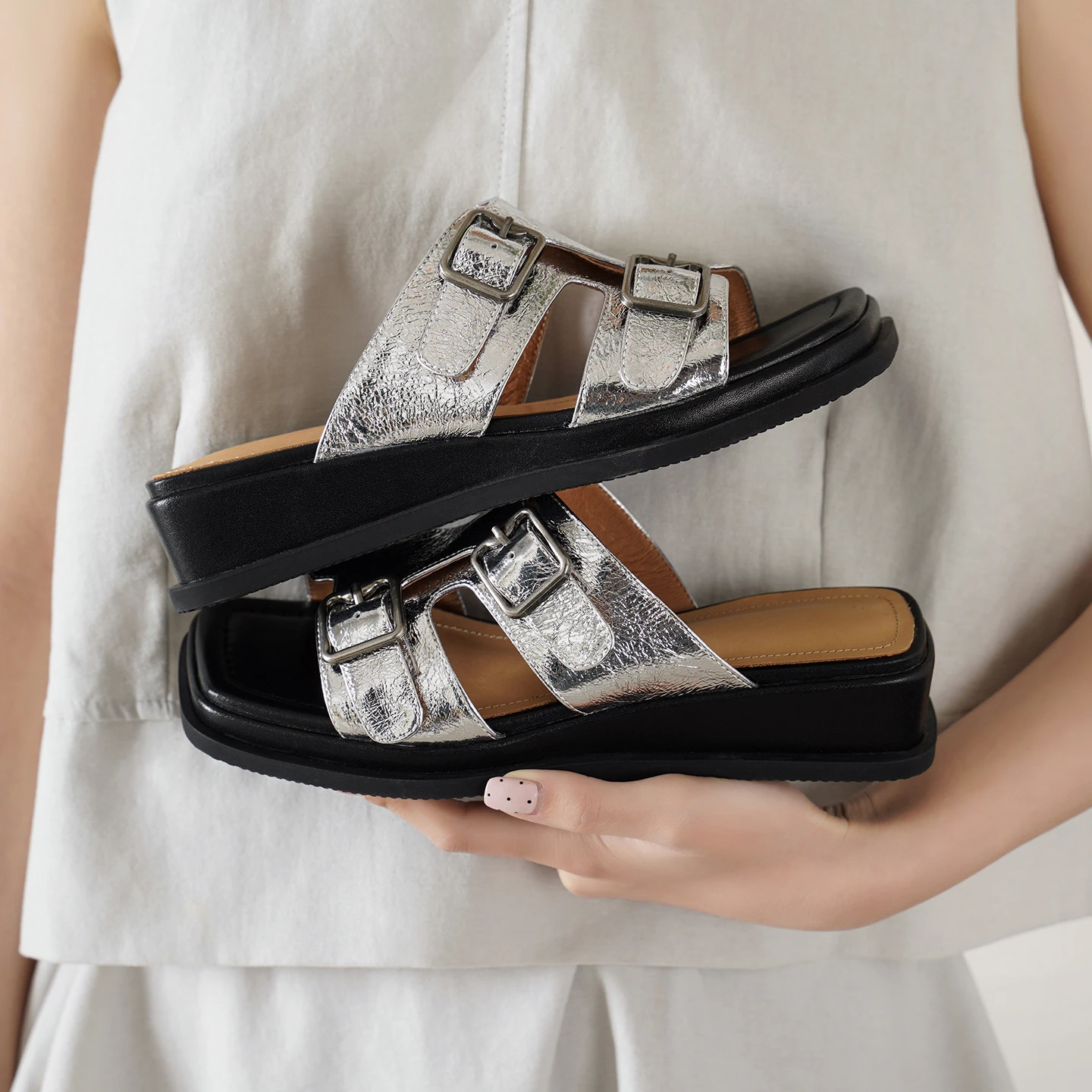 2026new summer women sandals natural leather plus size 22-25cm cowhide+pigskin open toe buckle mules wedges women slippers