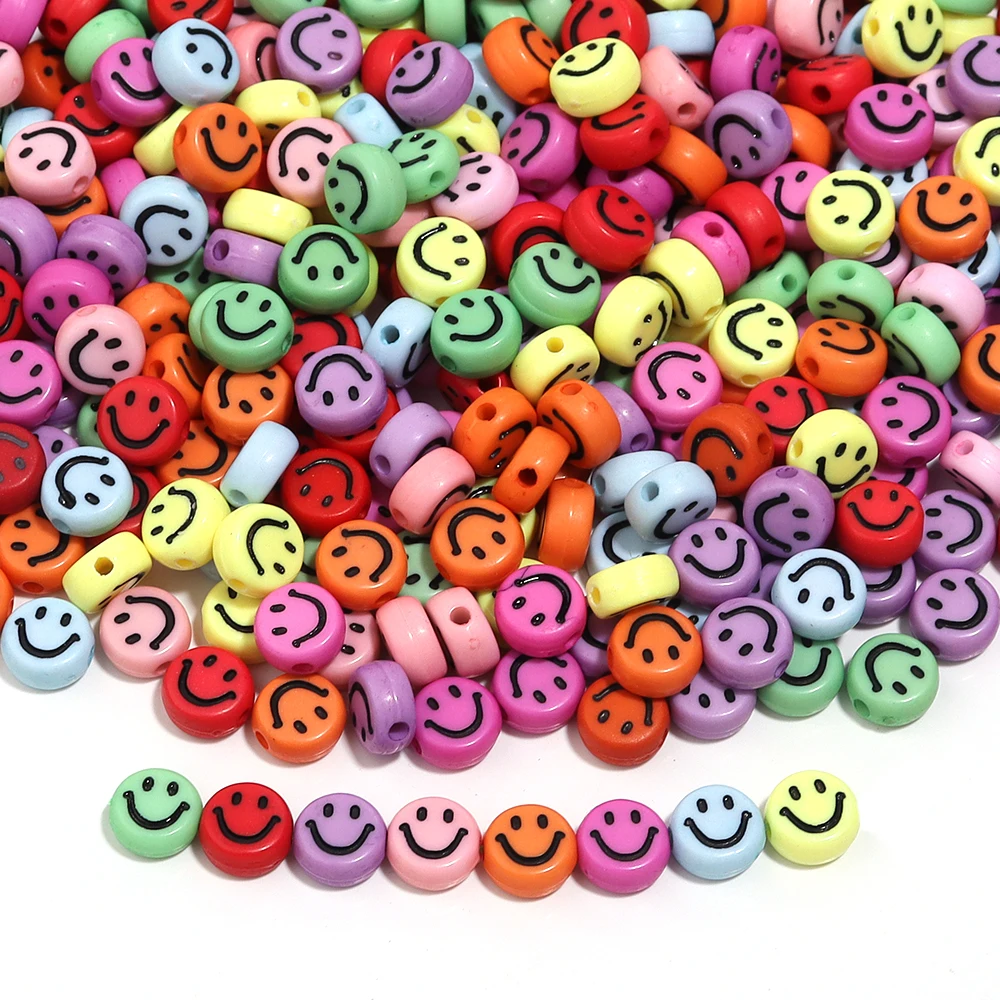 100 stücke 7x3,5mm gemischt Happy Spacer Perlen Happy Face Acryl Perlen für Schmuck machen DIY Armband Halskette Schlüssel bund Zubehör