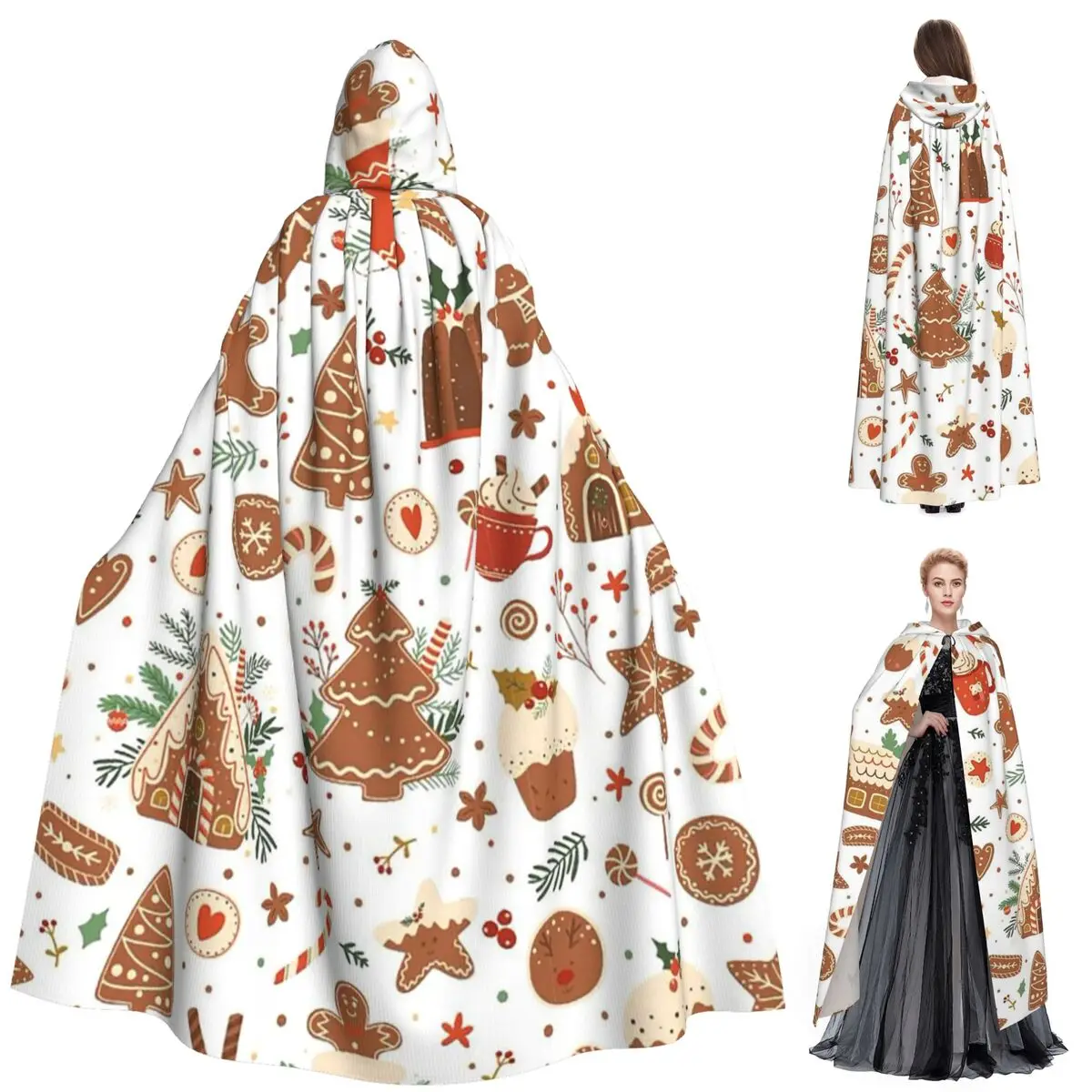 

Baking Pattern Long Hooded Cloak Witch Medieval Costume Cosplay Cape HalloweenVampire Adult Unisex